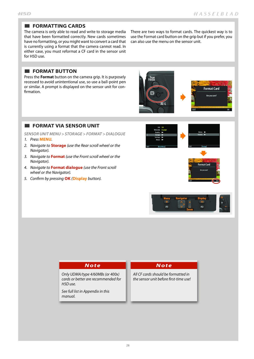 Hasselblad H4D200MS user manual  FORMATTING Cards,  FORMAT Button,  FORMAT VIA Sensor Unit 